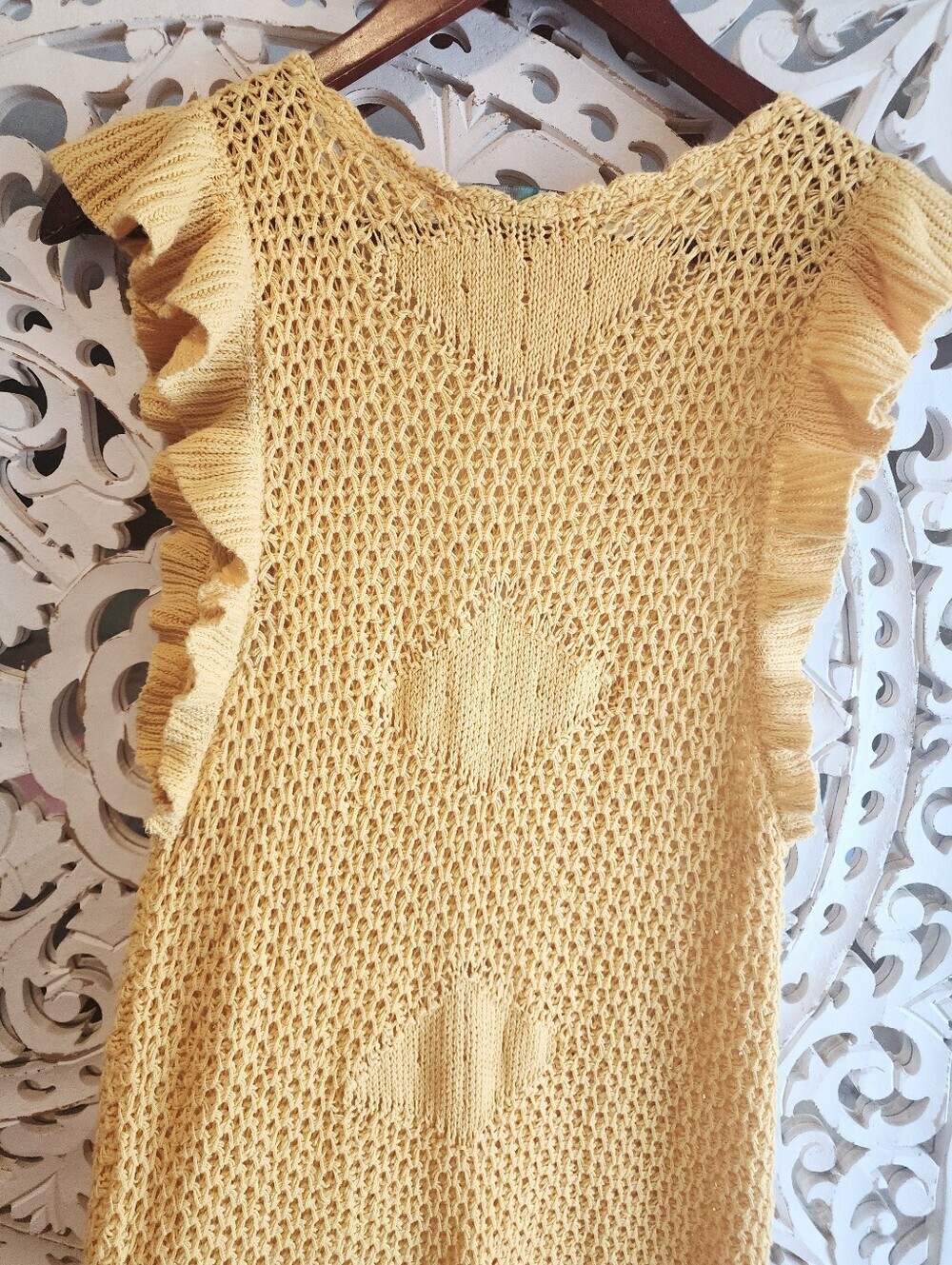 FREE PEOPLE MYKONOS MINI KNITTED CROCHET YELLOW COVER-UP SIZE LARGE - Picture 16 of 16